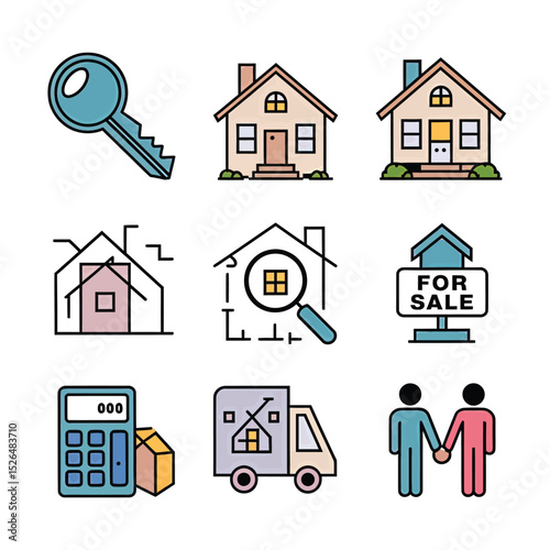 vector icons real estate business house key, symbolizing ownership new home House Sold Sign icon "Sold" sign in front, representing successful real estate 
