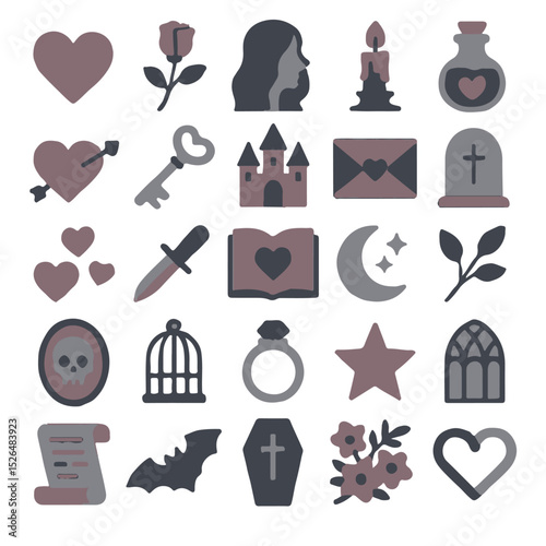 Romantic Gothic Vector Icons: Hearts, Skulls, Roses, Moon, and Magic