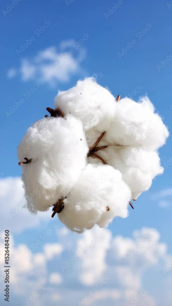 Fluffy white cotton boll floats against a vibrant blue sky with scattered soft clouds on a sunny day showcasing its fibers and textures