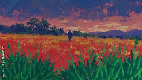 A solitary figure stands in a vibrant red field under a bright moonlit sky at dusk