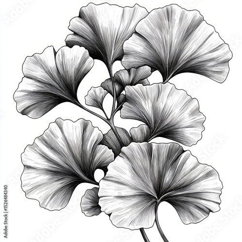 Detailed botanical illustration showcases a group of Ginkgo Biloba leaves. The artwork emphasizes the unique shape and delicate venation of each leaf in black and white