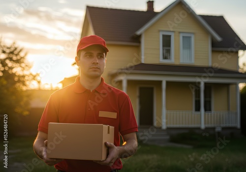 Delivery person holding package at sunset in front of house
