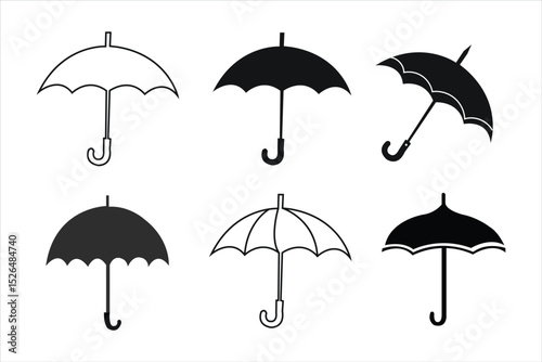 Silhouettes of open and closed umbrella icon set. Umbrella silhouette icons collection. Rain protection umbrella icon. Vector illustration.