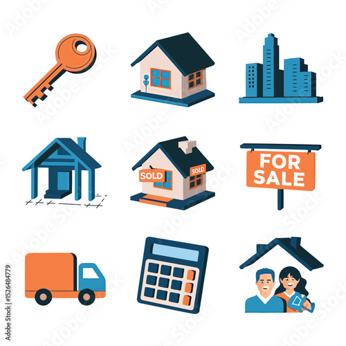 vector icons real estate business house key, symbolizing ownership new home House Sold Sign icon "Sold" sign in front, representing successful real estate 
