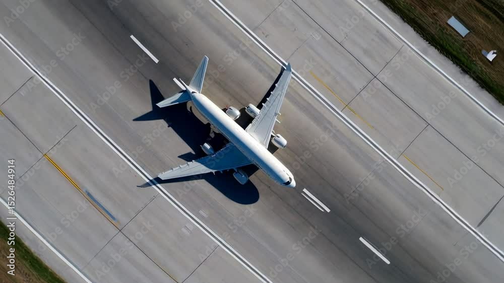 White passenger airplane taxiing on airport runway, preparing for takeoff or after landing, viewed from directly above in six sequential frames