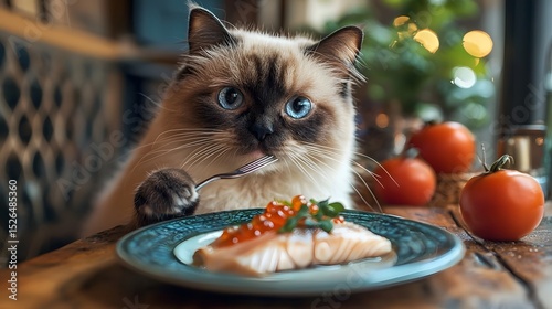 A reluctant cat eating a fancy fish dish at a luxurious restaurant