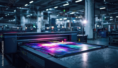 Industrial printing press in action, vibrant colors on a sheet