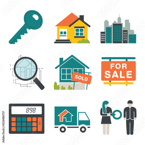 vector icons real estate business house key, symbolizing ownership new home House Sold Sign icon "Sold" sign in front, representing successful real estate 
