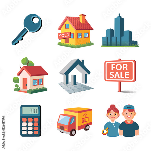 vector icons real estate business house key, symbolizing ownership new home House Sold Sign icon "Sold" sign in front, representing successful real estate 
