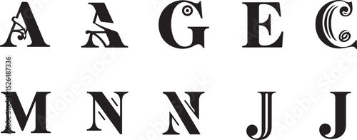 Alphabet letters A–J, each as stylized monograms or decorative uppercase letters in icon form.

