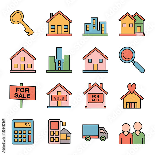 vector icons real estate business house key, symbolizing ownership new home House Sold Sign icon "Sold" sign in front, representing successful real estate 

