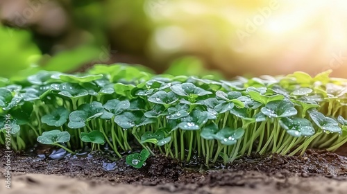 Fresh Green Sprouts With Dew In Sunlit Garden. Symbol Of Growth And Renewal