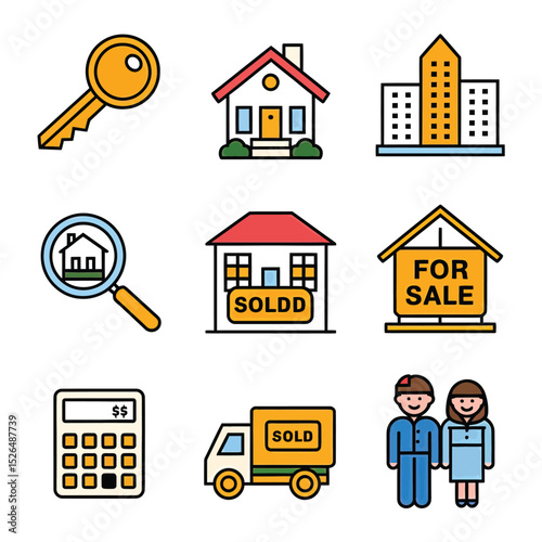 vector icons real estate business house key, symbolizing ownership new home House Sold Sign icon "Sold" sign in front, representing successful real estate 
