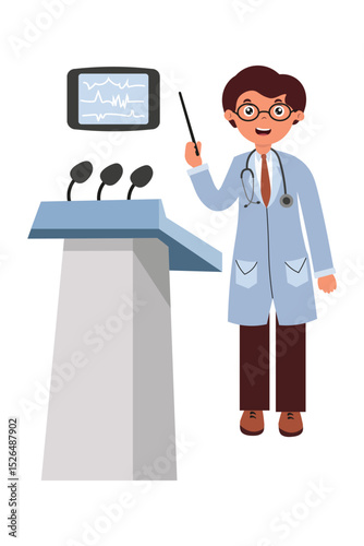 Doctor presenting health information at a conference with a medical monitor in the background. Vector isolated illustration in flat style on white background.
