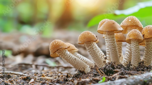Cluster Of Wild Mushrooms With Dew In Forest Setting. Nature'S Beauty And Biodiversity