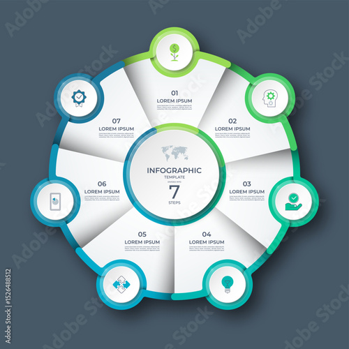 Modern circular infographic with 7 steps. Ideal for business process, strategy, timeline, workflow, or presentation design. Editable vector template with icons and clean layout.