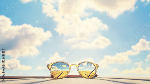 Stylish sunglasses on a wooden table, reflecting a beautiful sunny landscape. Perfect for summer vibes, travel, and vacation.