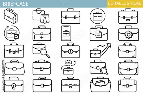 Collection of Editable Briefcase Line Icons Business, Portfolio, and Work Symbols