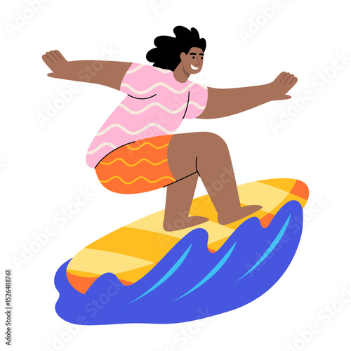 A flat style illustration showing a person surfing