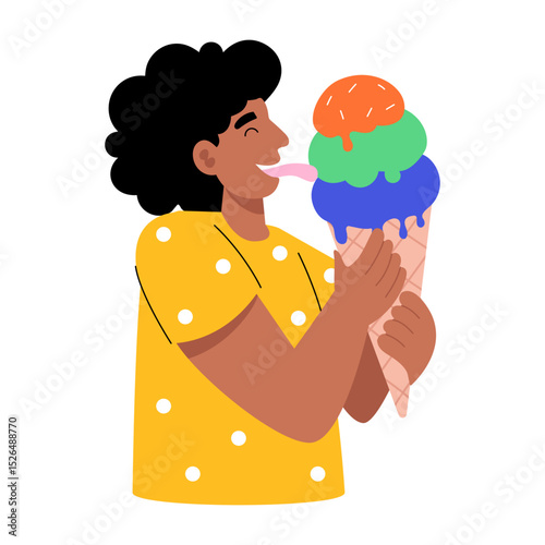 A flat style illustration showing a person eating ice cream