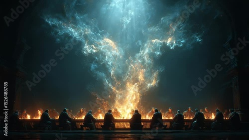 Monks at a Long Table Under a Celestial Fireball: Mystical Gathering, Religious Order, Dramatic Lighting, Conceptual Art