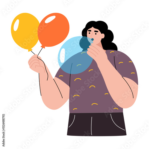 A flat style illustration showing a person blowing balloons