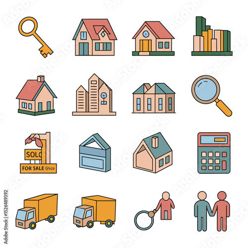 vector icons real estate business house key, symbolizing ownership new home House Sold Sign icon "Sold" sign in front, representing successful real estate 
