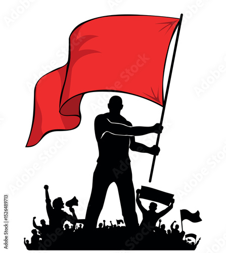 Protesting man silhouette with red flag over crowd rebels with flags and streamer. Revolution vector template