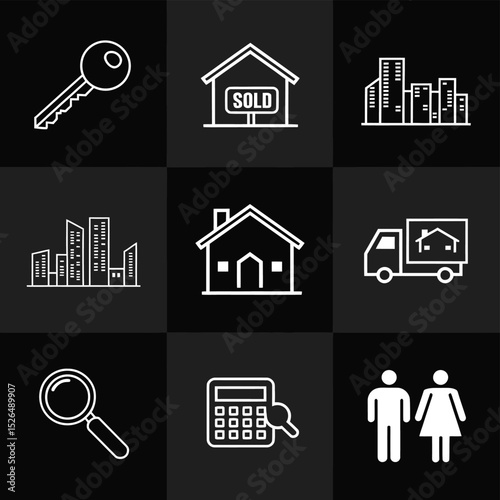 vector icons real estate business house key, symbolizing ownership new home House Sold Sign icon "Sold" sign in front, representing successful real estate 
