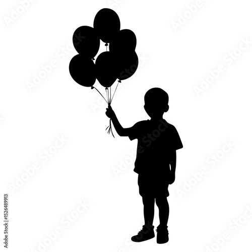 A boy hold a balloon bunch full black silhouette vector illustration design