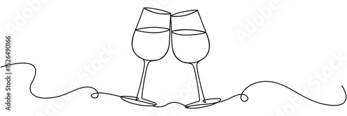 Two glasses with wine continuous line drawing. Cheers toast symbol. Celebration concept. Champagne drink. Vector illustration isolated on white.