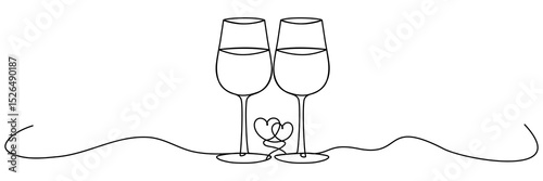 Two wineglasses with hearts shape continuous line drawing. Cheers toast symbol. Celebration concept. Champagne drink. Vector illustration isolated on white.