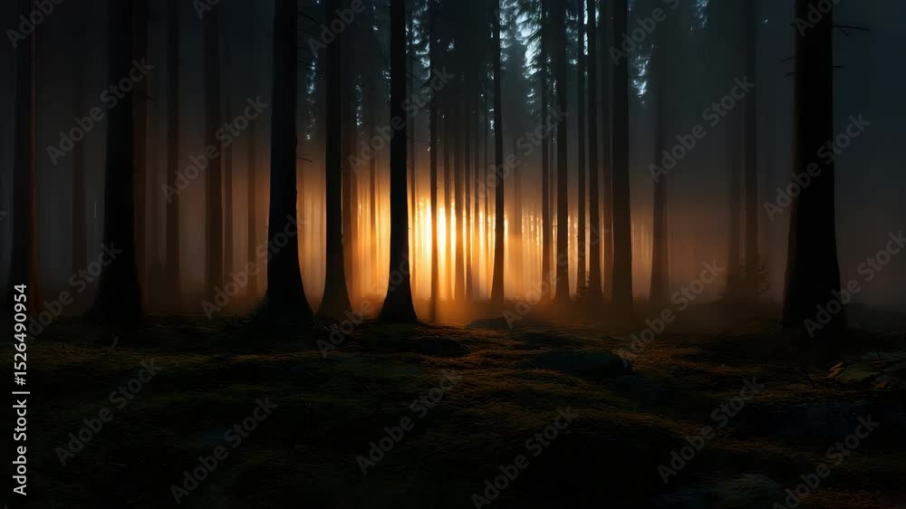 Mystical forest at sunrise with trees bathed in golden light and fog creating an enchanting atmosphere