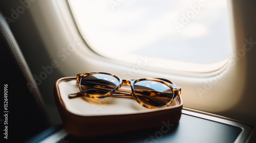Stylish sunglasses sit perched on a seat armrest inside an airplane cabin. Perfect for travel or a luxury flight experience.