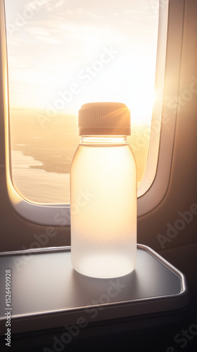 Clear water bottle glows with sunlight on an airplane. Hydration during travel at high altitude.