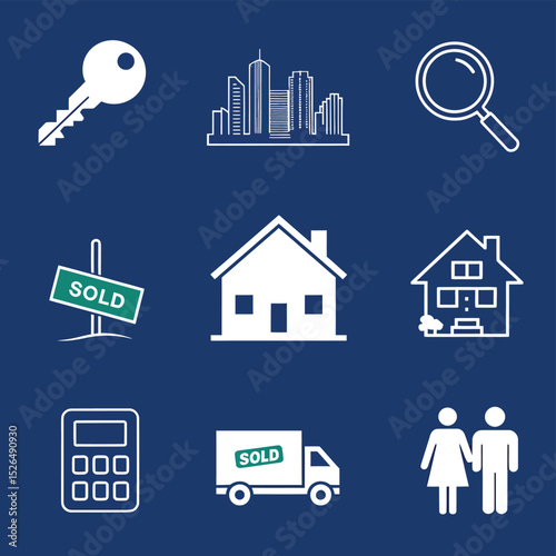 vector icons real estate business house key, symbolizing ownership new home House Sold Sign icon "Sold" sign in front, representing successful real estate 
