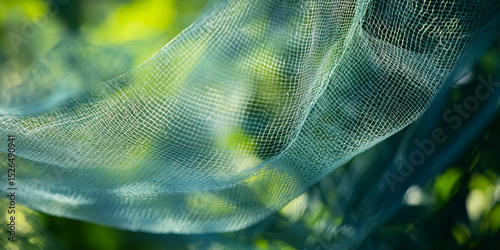 Textured blue mesh material against vivid green background. Natural light creates captivating, abstract organic patterns.