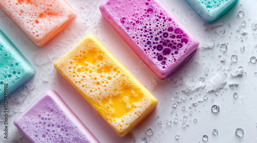 Vibrantly colored soap bars with rich lather and water droplets.