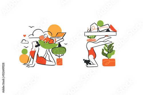 Hand drawn vector graphic cartoon line illustration with woman does yoga and keeps her life in balance. Multitasking mother with baby child meditating in harmony. Business mother life concept