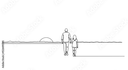 Father and Daughter Walking Together at Sunset Line Art for Family Bonding, Parenting Blogs, Connection Awareness, and Inspirational Content