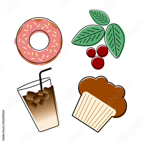 アイスコーヒーとドーナツ、マフィンのイラストレーション
