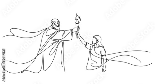 Mentorship and Leadership Concept Illustrating the Passing of the Torch on Minimalist Background for Educational Campaigns, Training Programs, and Social Media Posts