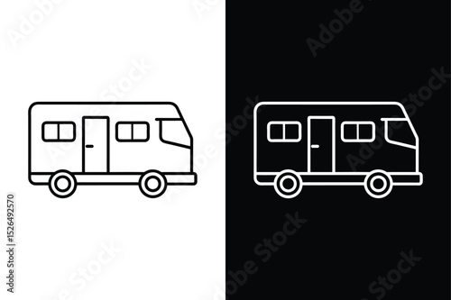 Minimal RV Camper line Icon. Black and White Transport Vector Design