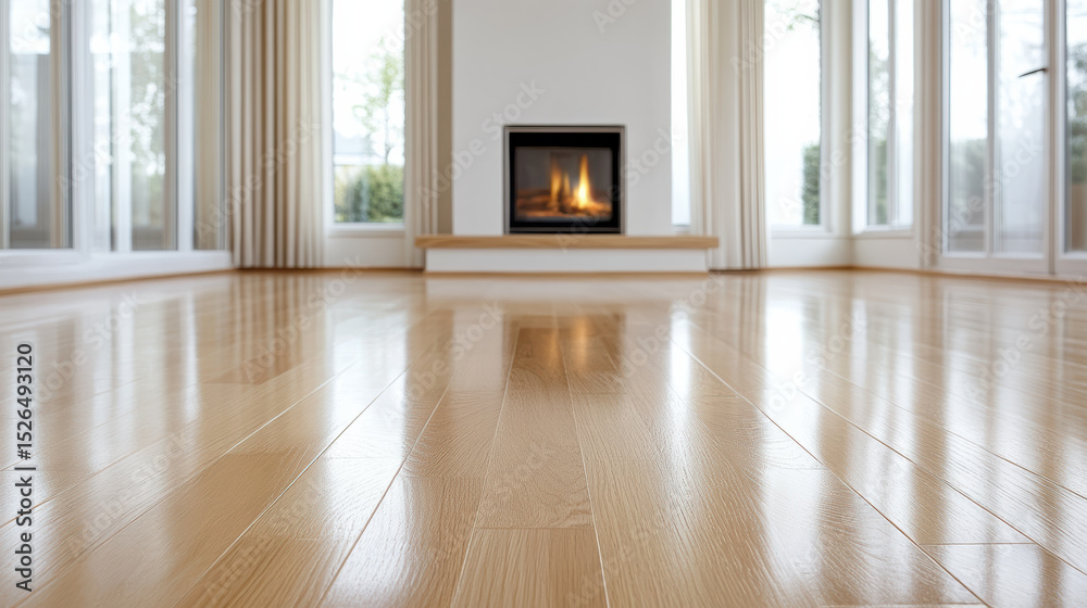 Fototapeta premium Polished wood floor reflects soft flickers of fire from cozy fireplace in bright room