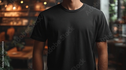 Man wearing black t-shirt in cozy cafe, blurred background