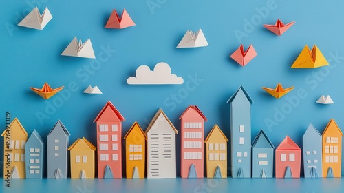 Floating origami city suspended in the sky, with colorful paper buildings and tiny folded airships