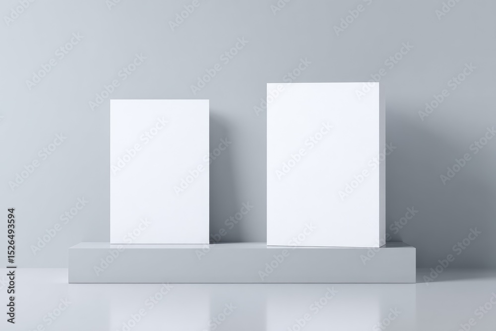 Fototapeta premium Two blank white cards on a gray pedestal