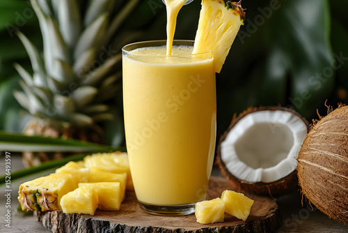 A tropical smoothie being poured into a glass surrounded by fresh pineapples and coconuts photo