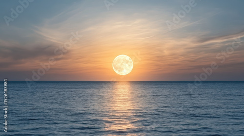 Serene ocean view with large, glowing moon rising over horizon, casting reflections on water