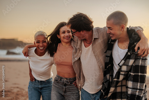 Happy friends walking and hugging on the beach at sunset